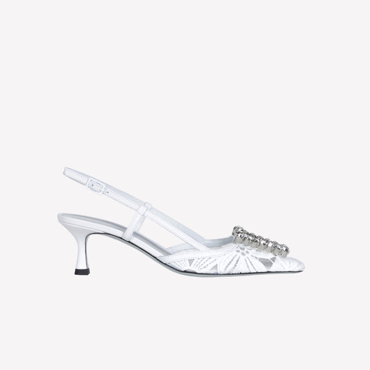 WHITE MACRAME FABRIC AND TULLE MESH SLINGBACK WITH CRYSTAL ACCESSORY VITTORIA - NO DISCOUNT | Roberto Festa