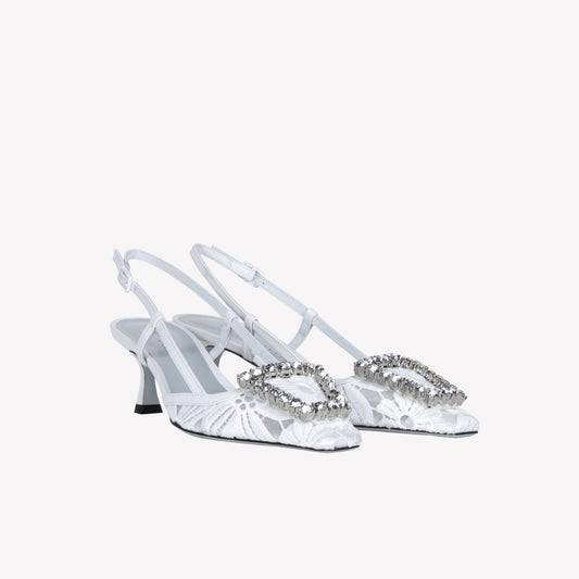 WHITE MACRAME FABRIC AND TULLE MESH SLINGBACK WITH CRYSTAL ACCESSORY VITTORIA - Bianco | Roberto Festa