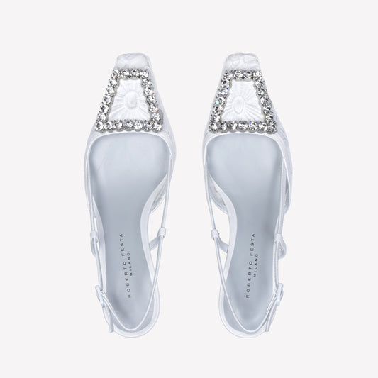 WHITE MACRAME FABRIC AND TULLE MESH SLINGBACK WITH CRYSTAL ACCESSORY VITTORIA - Bianco | Roberto Festa