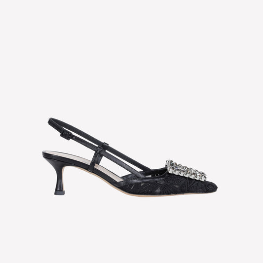 BLACK MACRAME FABRIC AND TULLE MESH SLINGBACK WITH CRYSTAL ACCESORY VITTORIA - NO DISCOUNT | Roberto Festa