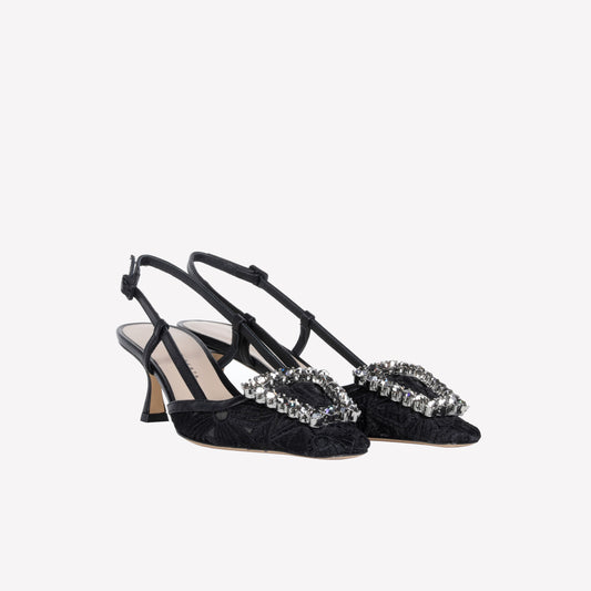 BLACK MACRAME FABRIC AND TULLE MESH SLINGBACK WITH CRYSTAL ACCESORY VITTORIA - Spring Summer Preview | Roberto Festa