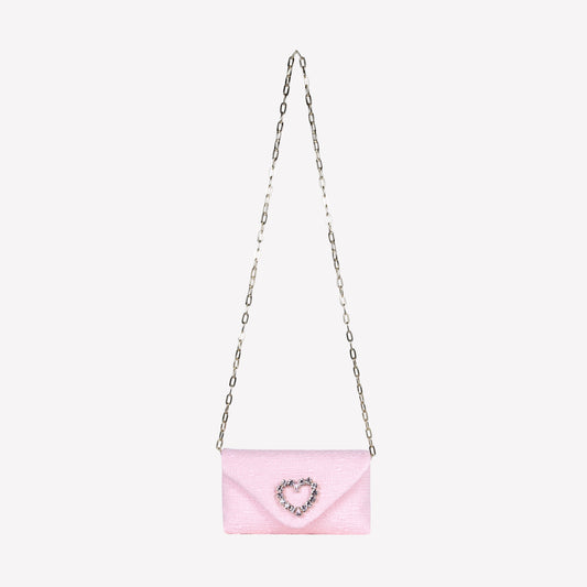 PEONY COLOURED TWEED CLUTCH BAG WITH CRYSTAL HEART ACCESSORY HEART - Rosa | Roberto Festa