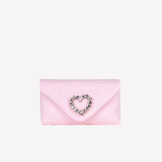 PEONY COLOURED TWEED CLUTCH BAG WITH CRYSTAL HEART ACCESSORY HEART - Rosa | Roberto Festa