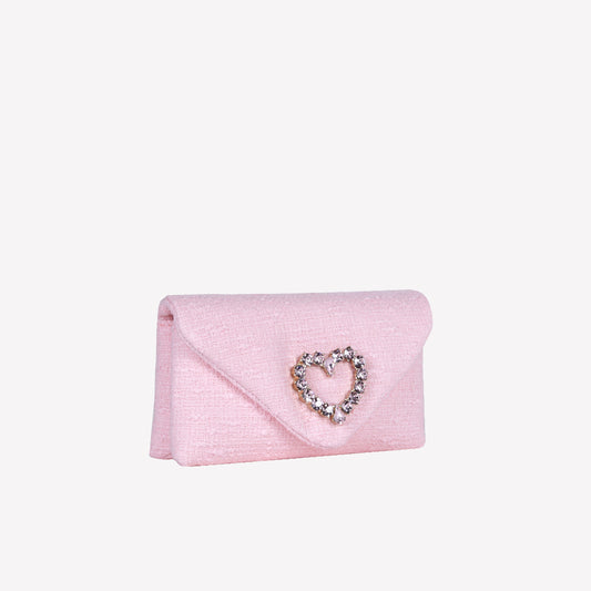 PEONY COLOURED TWEED CLUTCH BAG WITH CRYSTAL HEART ACCESSORY HEART - Rosa | Roberto Festa