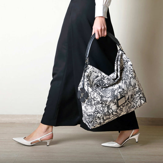 JACQUARD FABRIC TOTE BAG WITH BLACK LEATHER HANDLES AND SHOULDER STRAP BIANCA - Bianco_nero | Roberto Festa