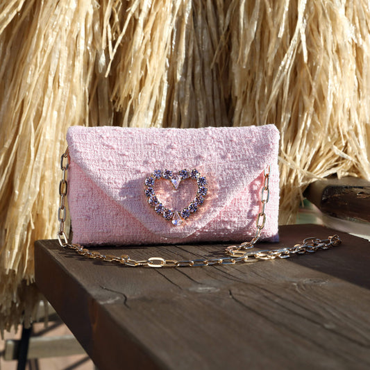 PEONY COLOURED TWEED CLUTCH BAG WITH CRYSTAL HEART ACCESSORY HEART - Rosa | Roberto Festa